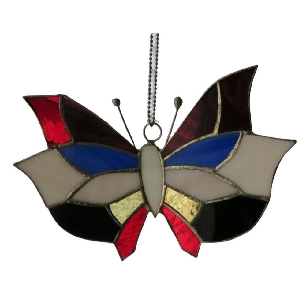 Vintage Stained Glass Butterfly Hand-Crafted Sun Catcher Red Blue White